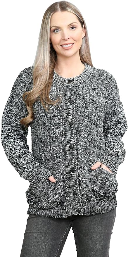 Womens Cable Knit Crew Neck Cardigan Ladies Knitted Pocket Front Button Up Aran Long Sleeve Sweater UK 8-22