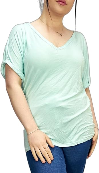 Women's New Plus Size Womens Short Turn Up Sleeve Baggy Plain Top Ladies V-Neck T-Shirt 16-26