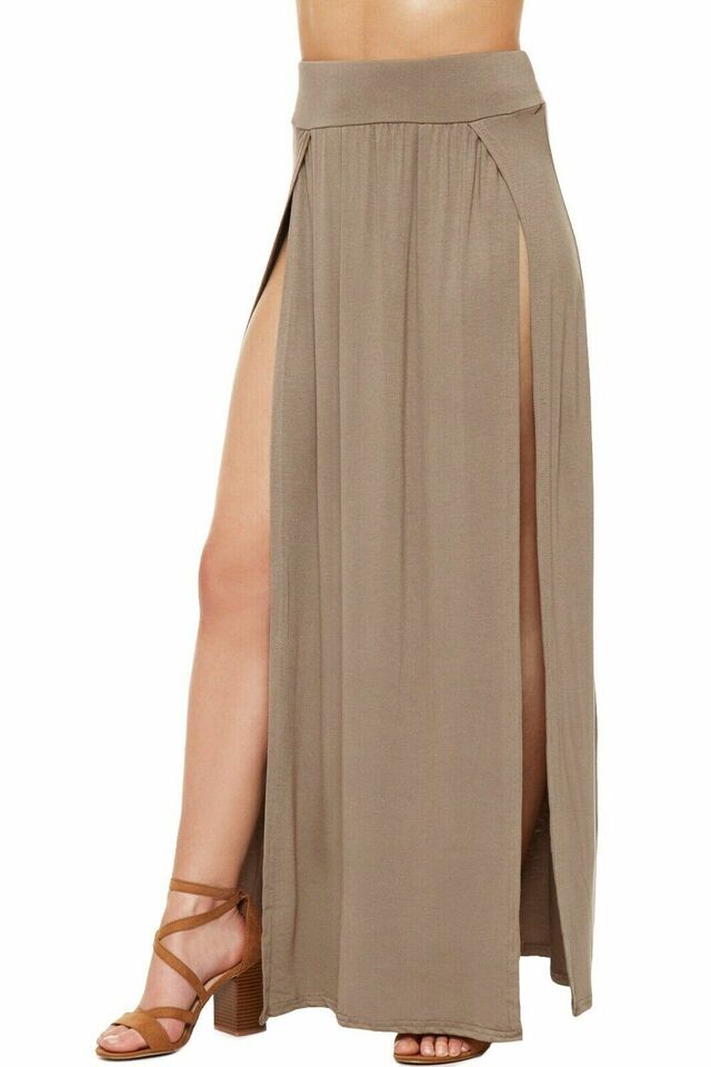 Womens Long Double Split High Waist Ladies Plain Jersey Stretch Two Side Slit Maxi Skirt