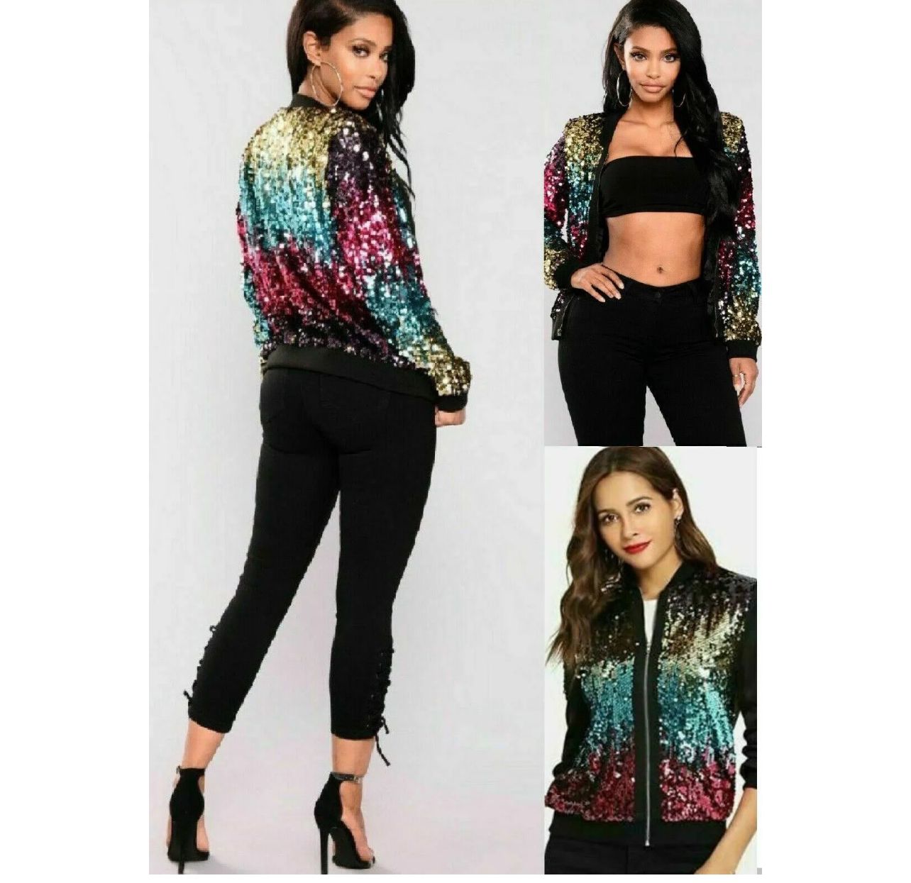 LUXE DIVA New sequin glitter bomber Ladies club dance party festival costume biker jacket