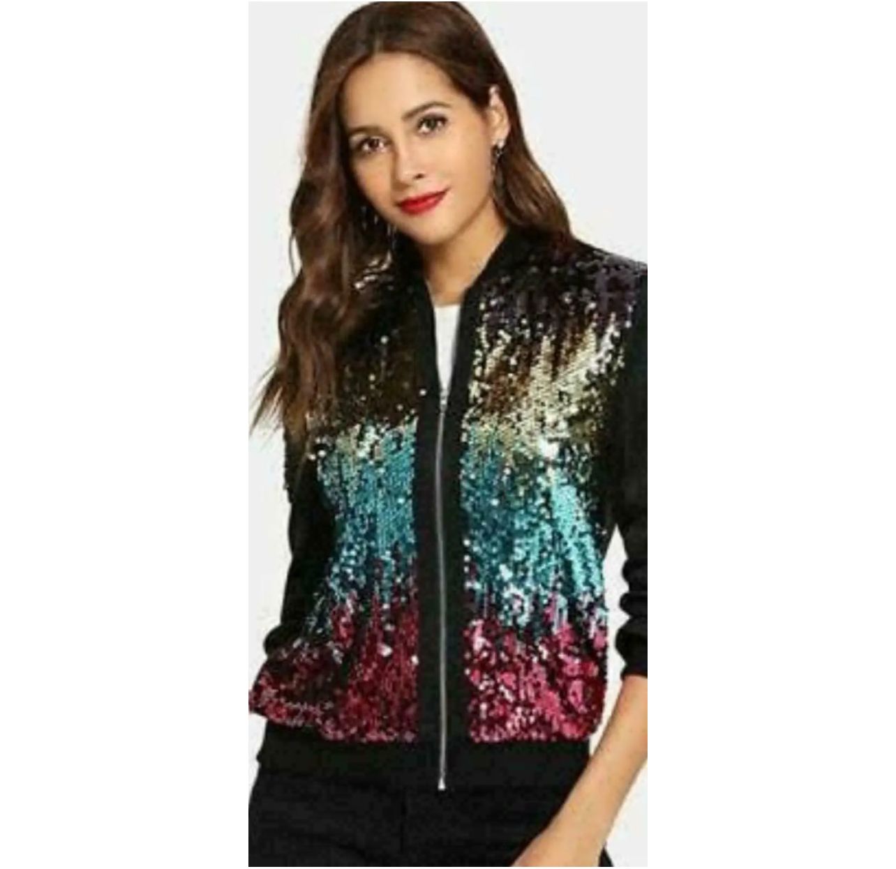 LUXE DIVA New sequin glitter bomber Ladies club dance party festival costume biker jacket