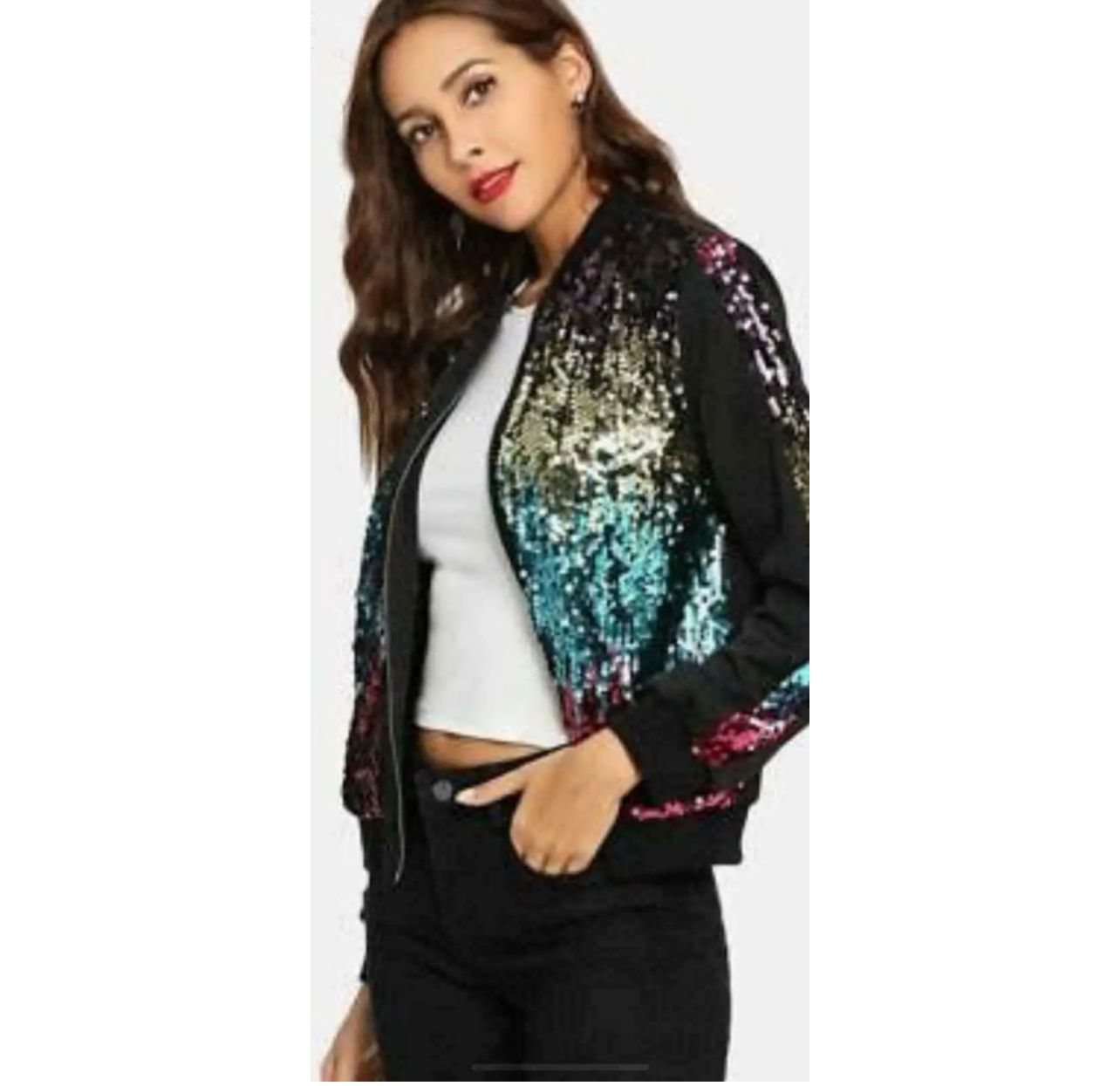 LUXE DIVA New sequin glitter bomber Ladies club dance party festival costume biker jacket