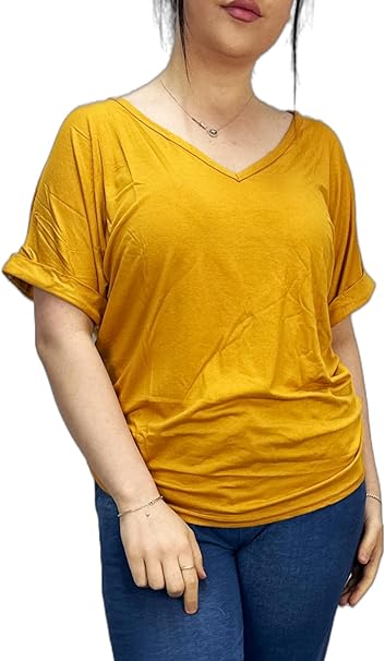 Women's New Plus Size Womens Short Turn Up Sleeve Baggy Plain Top Ladies V-Neck T-Shirt 16-26