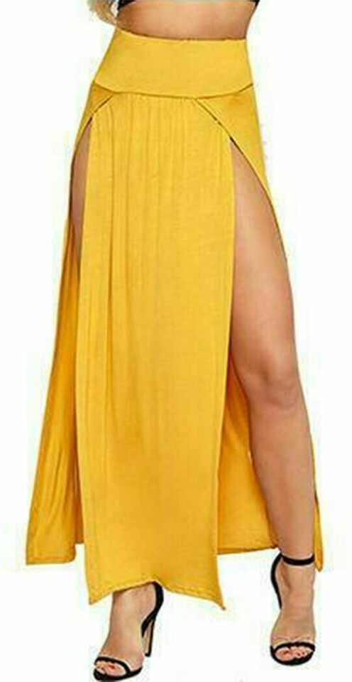 Womens Long Double Split High Waist Ladies Plain Jersey Stretch Two Side Slit Maxi Skirt