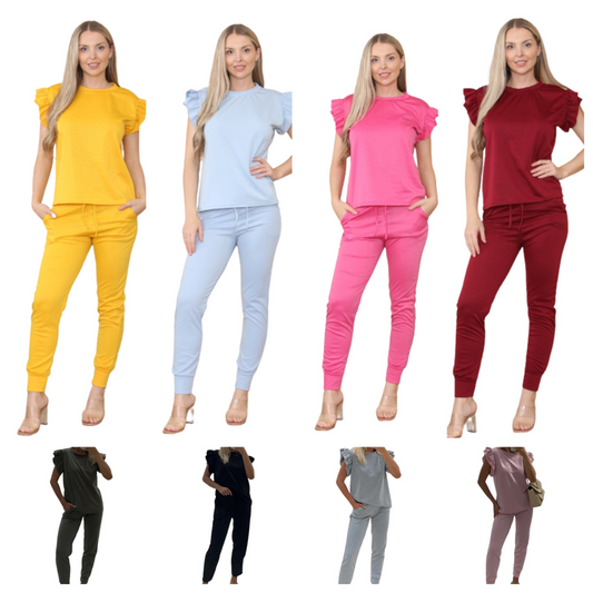 LUXE DIVA Womens Tracksuit Frill Peplum Sleeve Boxy Top Bottom Ladies Lounge Wear Set