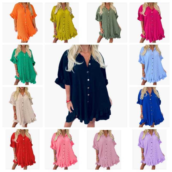 LUXE DIVA Women's Ladies Gold Button Pleated Frill Summer Shirt Swing Smock Mini Dress Top