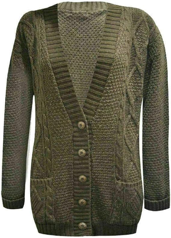 New Womens Everyday Long Sleeve Button Top Ladies Chunky Aran Cable Knit Grandad Cardigan UK Size 8-14