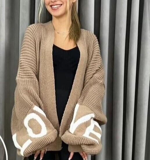 New Women Ladies Love Knitted Open Balloon Sleeve Cropped Cardigan