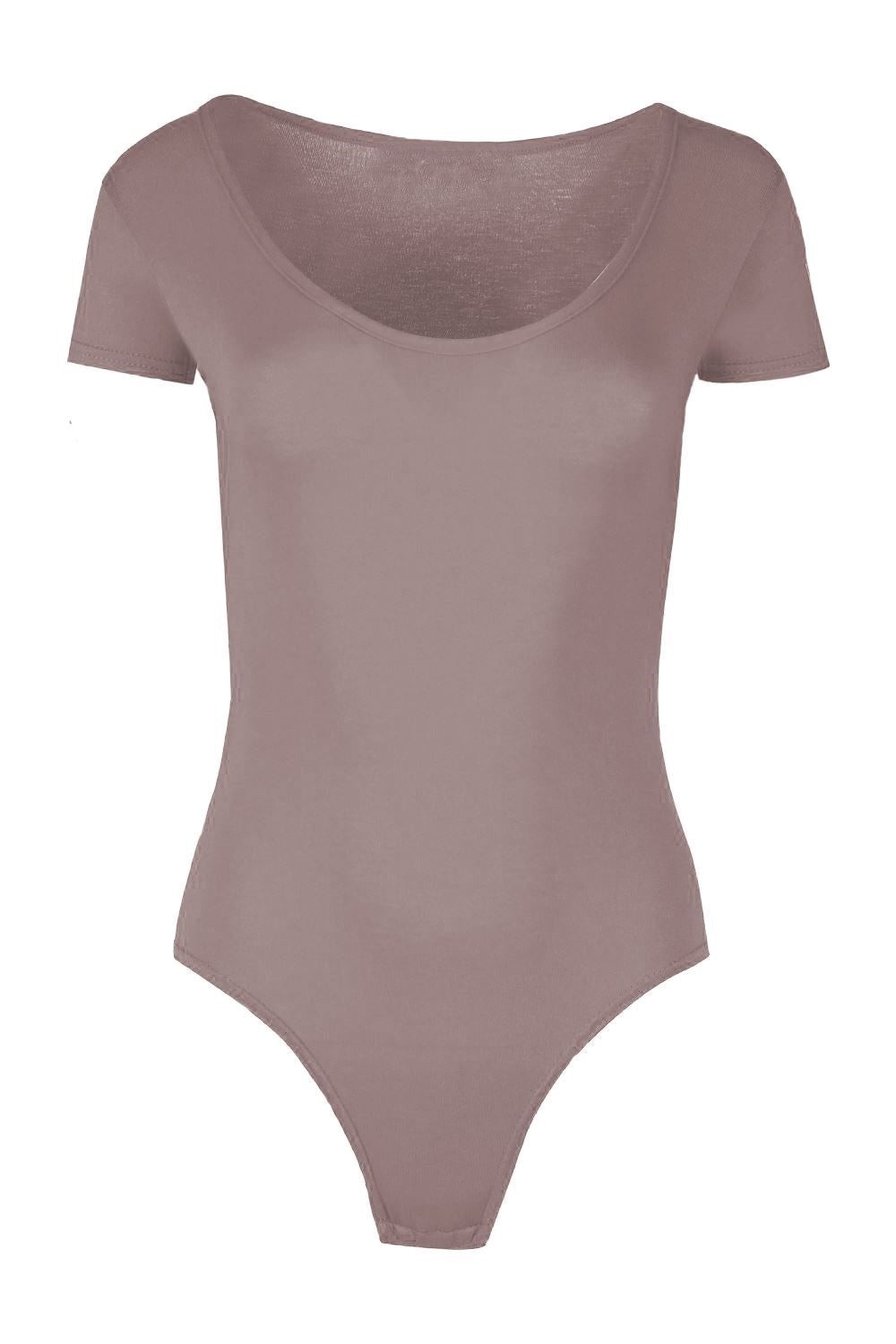 Womens Ladies New Cap Short Sleeve Plain Round Neck Stretch Leotard Bodysuit T-Shirt Plunge Top