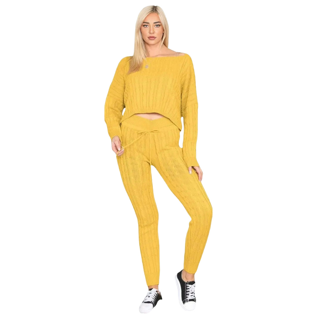 Womens Loungewear Ladies Cable Knitted Top Bottom Two Piece Co-Ords Set Tracksuit Sizes 8-14