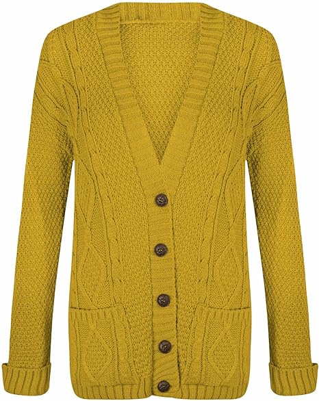 New Womens Everyday Long Sleeve Button Top Ladies Chunky Aran Cable Knit Grandad Cardigan UK Size 16-26