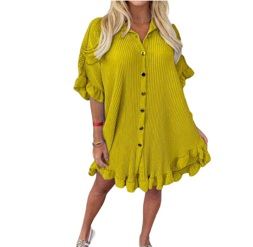 LUXE DIVA Women's Ladies Gold Button Pleated Frill Summer Shirt Swing Smock Mini Dress Top