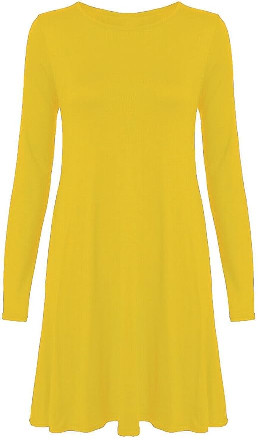 Womens Plain Long Sleeve Stretch A Line Skater Flared Swing Dress Top