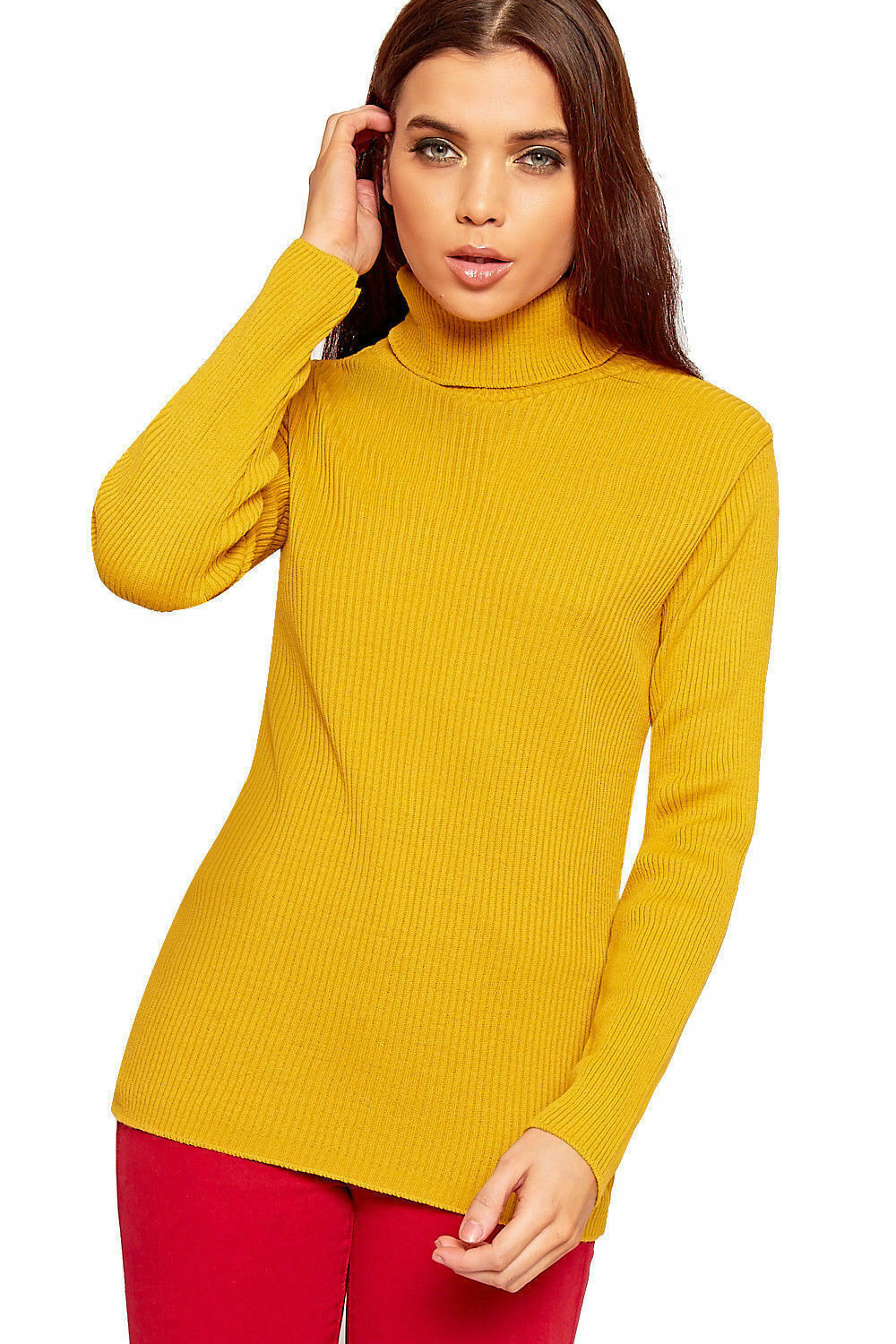 Plus Size Ladies High Polo Roll Neck Long Sleeve Ribbed Knitted Jumper Sweater