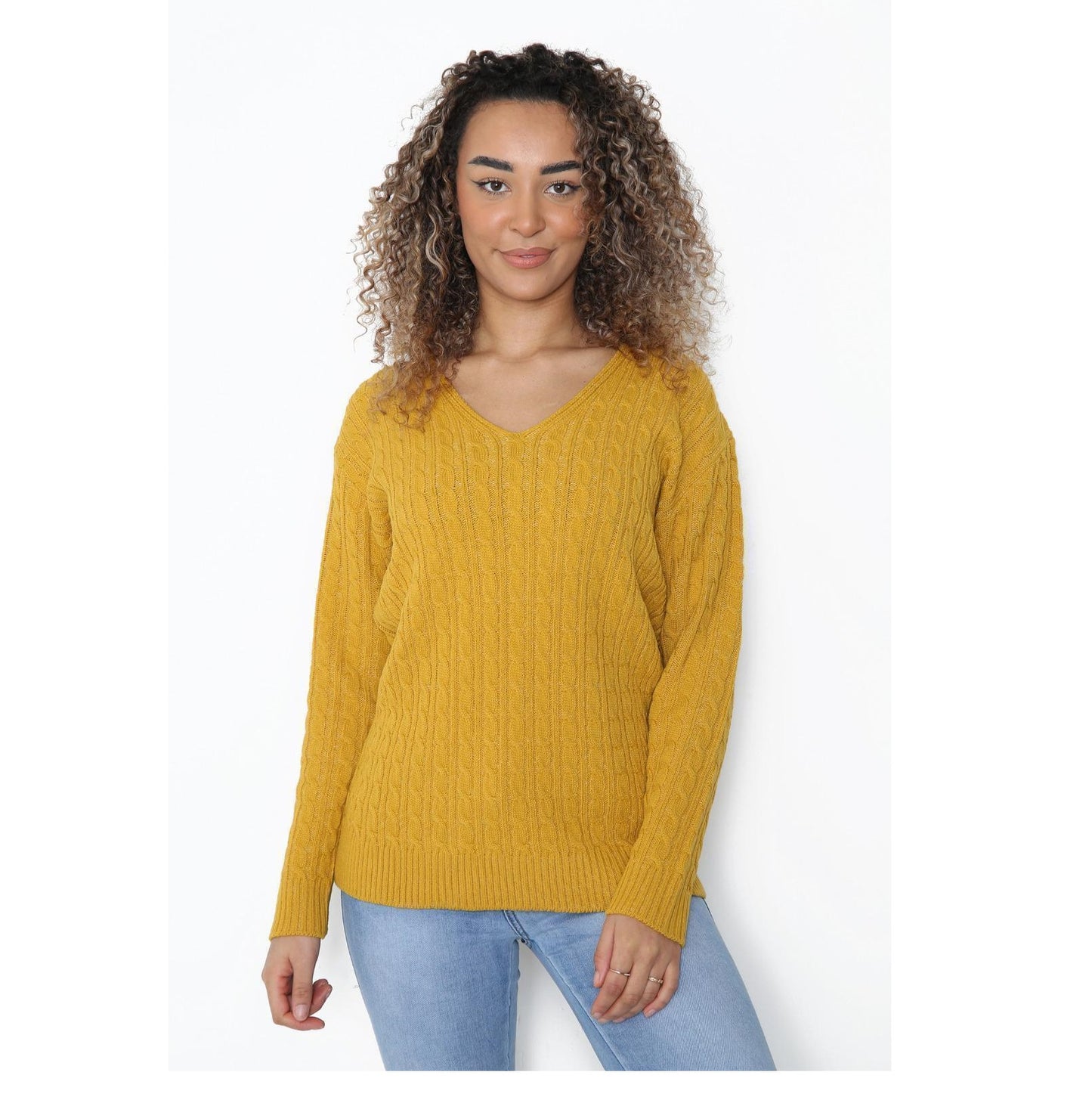 WOMEN'S LADIES CABLE KNITTED LONG SLEEVE CABLE JUMPER V NECK TOP WINTER SWEATER