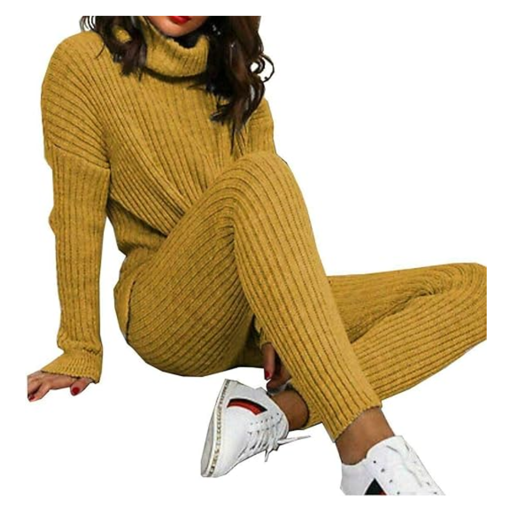 LUXE DIVA Ladies Chunky Knitted Ribbed Polo High Neck Top Set Womens Leggings Loungewear Joggers Tracksuit0