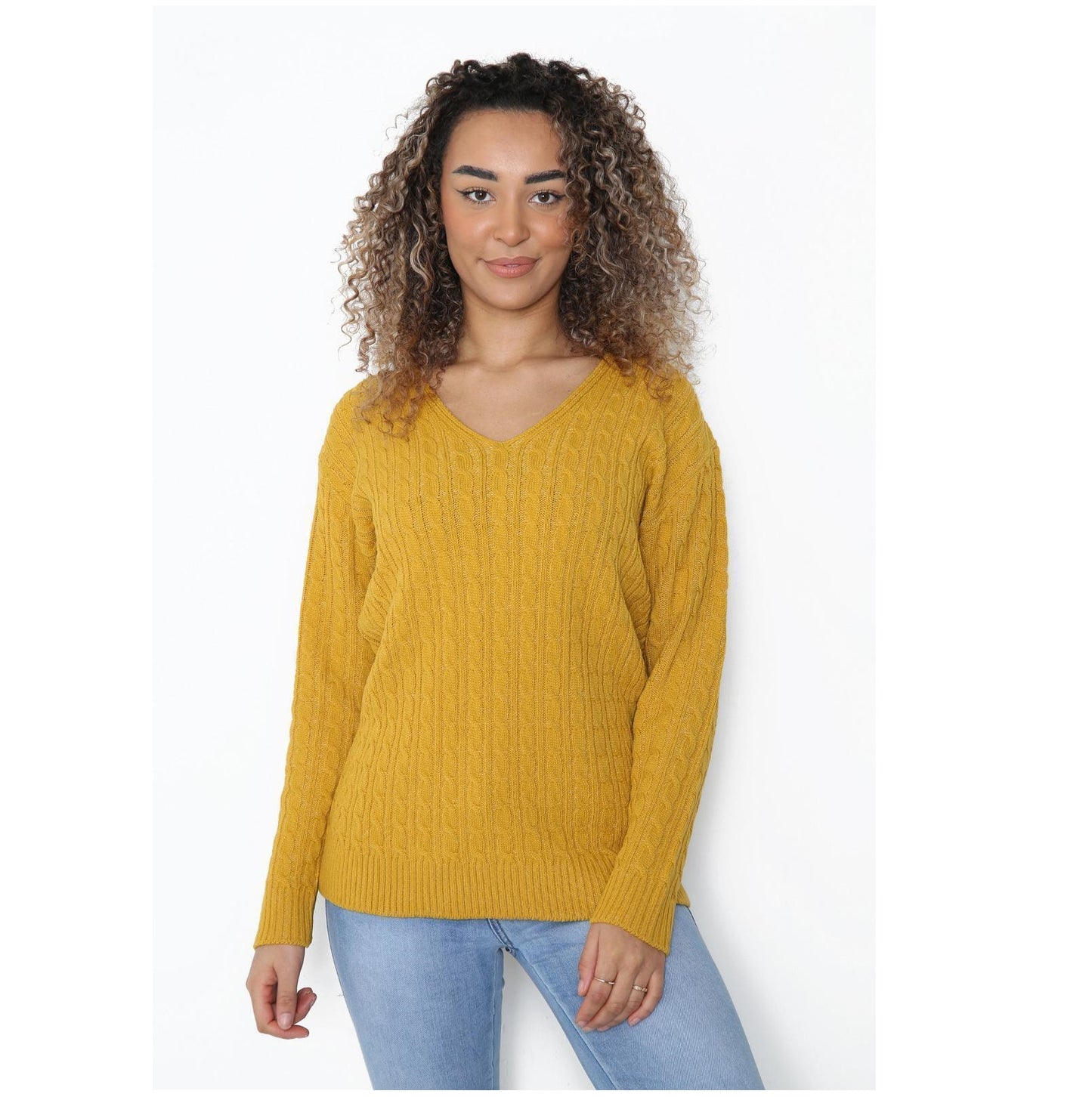 Ladies Long Sleeve V-Neck Knitted Cable Jumper