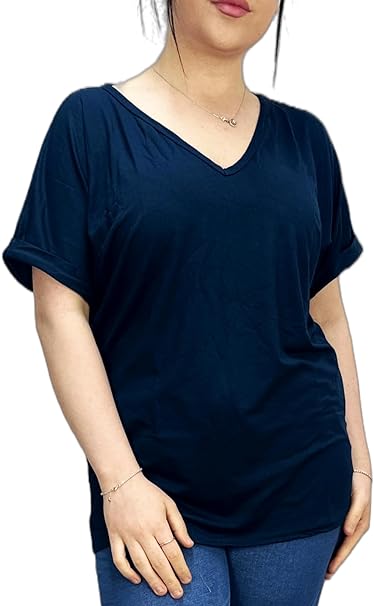 Women's New Plus Size Womens Short Turn Up Sleeve Baggy Plain Top Ladies V-Neck T-Shirt 16-26