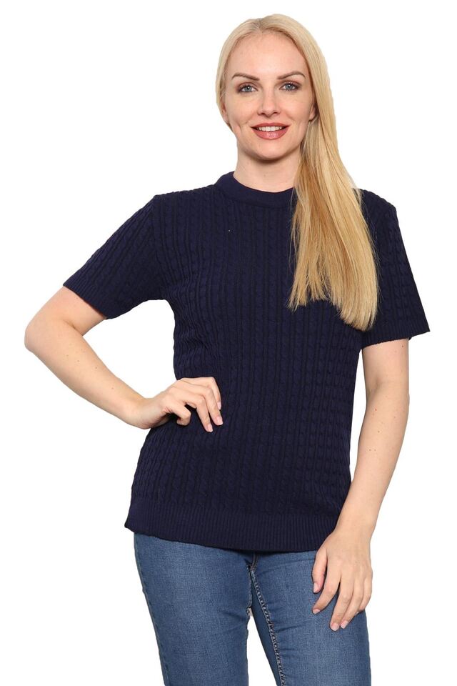 Womens Cable Knitted Jumper Short Sleeve Crew Neck Soft Smooth Warm Pullover Top