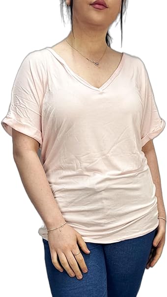 Women's New Plus Size Womens Short Turn Up Sleeve Baggy Plain Top Ladies V-Neck T-Shirt 16-26