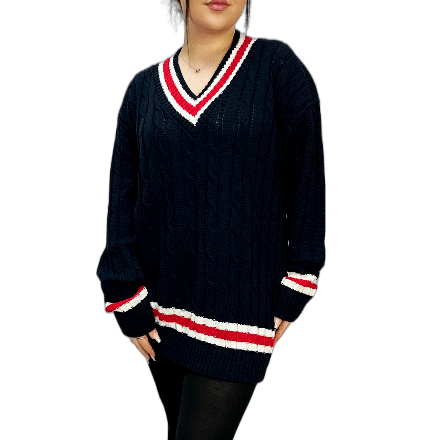 Womens New Long Sleeves Ladies Cable Knitted V Neck Stretch Cricket Sweater Jumper