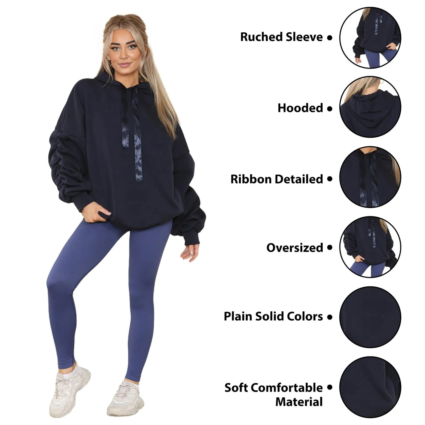 Womens Ladies Ruched Sleeve Fleece Hoodie Oversized Hooded Sweatshirt Jumper Top