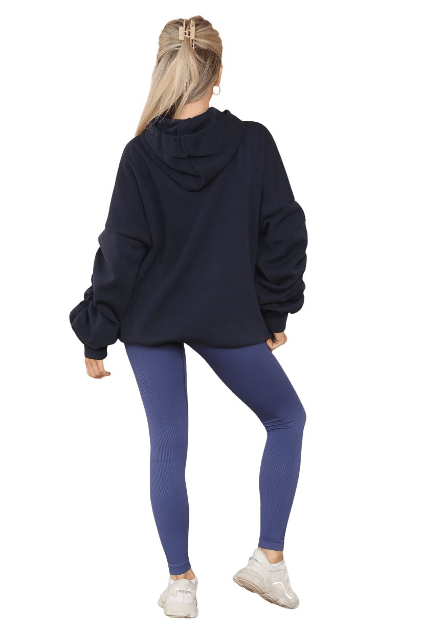 Womens Ladies Ruched Sleeve Fleece Hoodie Oversized Hooded Sweatshirt Jumper Top