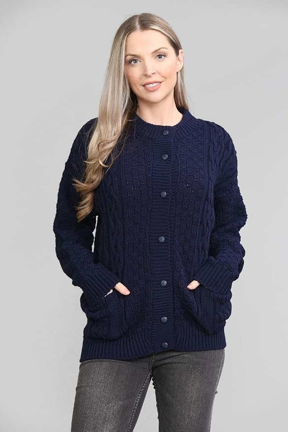 Womens Cable Knit Crew Neck Cardigan Ladies Knitted Pocket Front Button Up Aran Long Sleeve Sweater UK 8-22