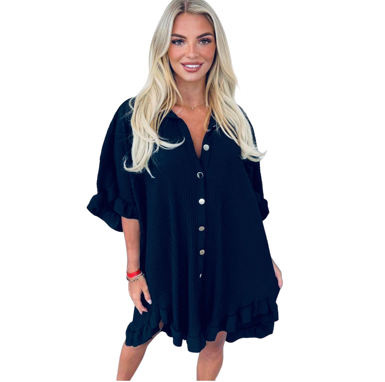 Womens Ladies Gold Button Pleated Frill Summer Shirt Swing Smock Mini Dress Top