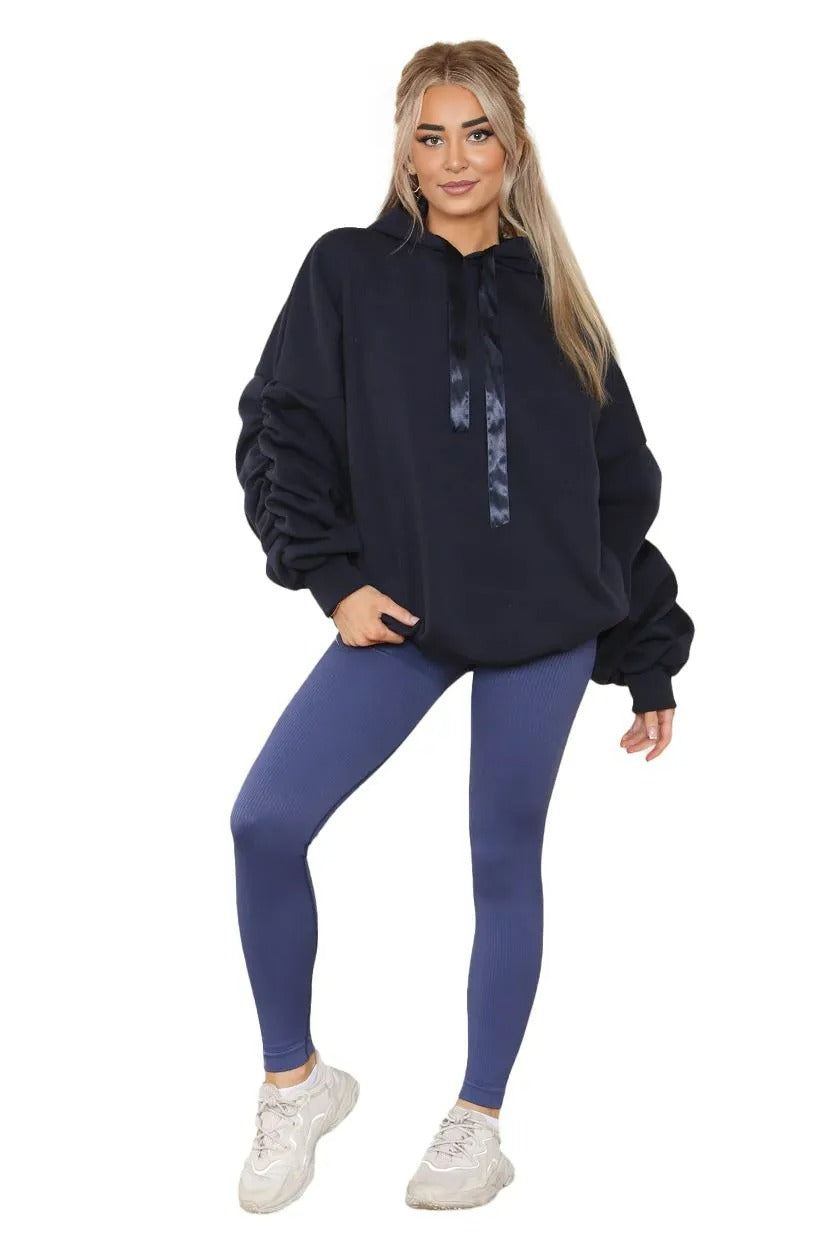 Womens Ladies Ruched Sleeve Fleece Hoodie Oversized Hooded Sweatshirt Jumper Top