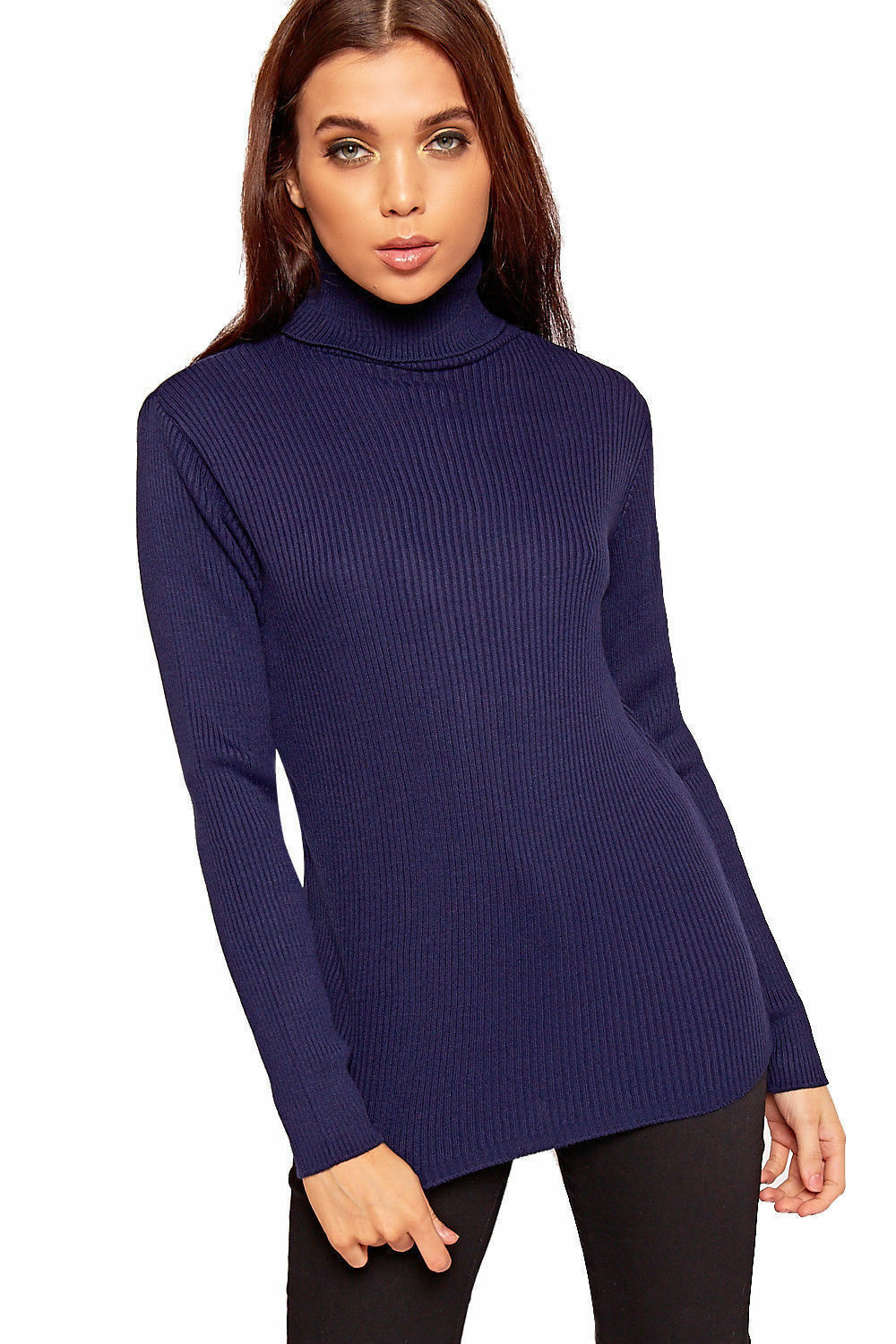 Plus Size Ladies High Polo Roll Neck Long Sleeve Ribbed Knitted Jumper Sweater