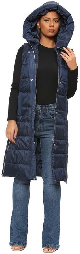 Ladies Padded Gilet Longline Hooded Jacket Quilted Winter Wear Long Hooded Side Split Puffer Gilet Long Body Warmer Coat Women's Gilet Jacket Zip Up Vest Waistcoat Size S-3XL