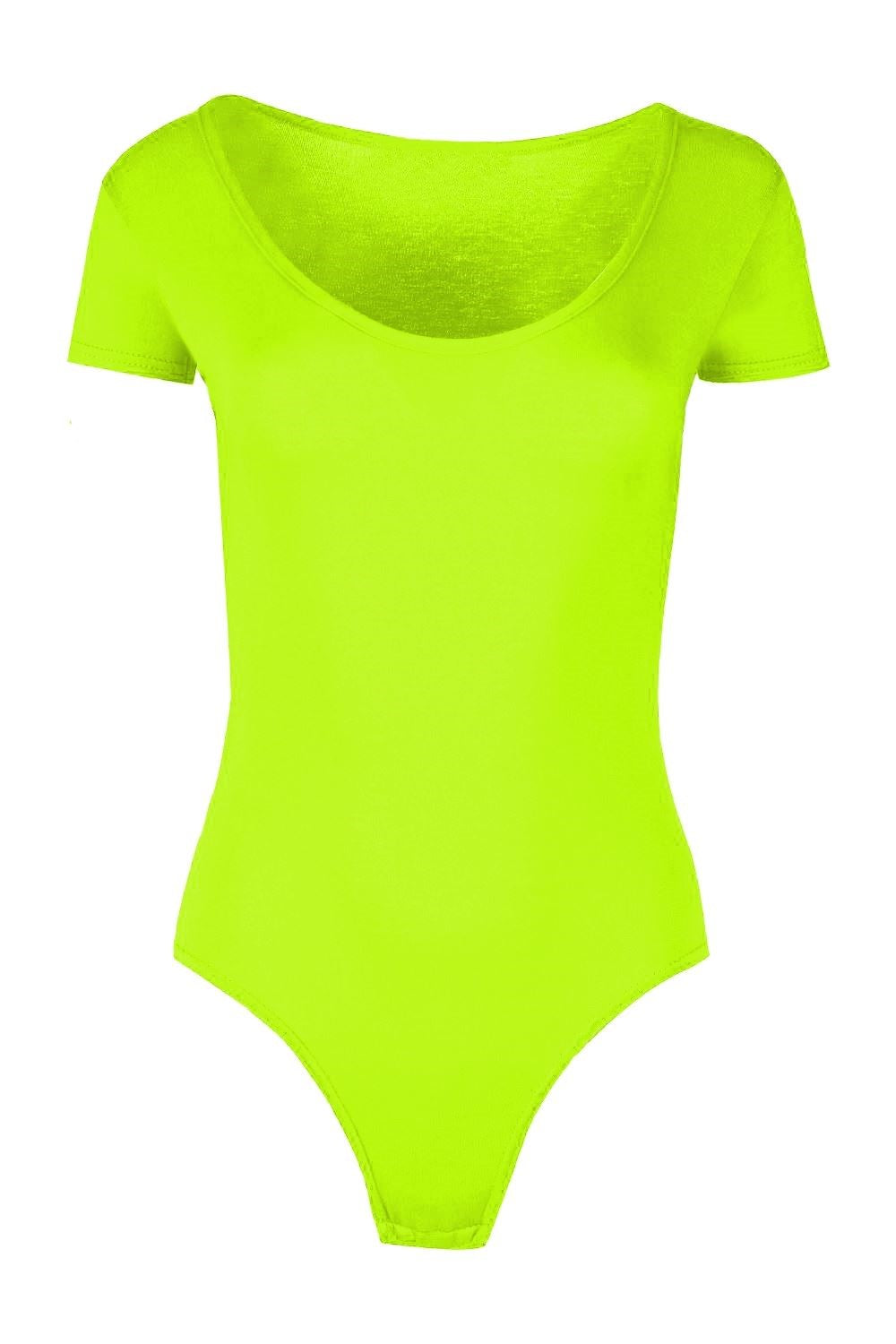 Womens Ladies New Cap Short Sleeve Plain Round Neck Stretch Leotard Bodysuit T-Shirt Plunge Top