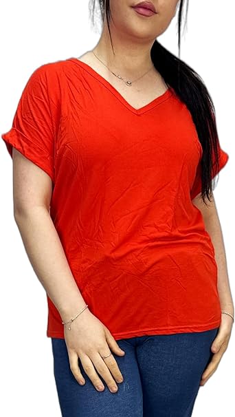 Women's New Plus Size Womens Short Turn Up Sleeve Baggy Plain Top Ladies V-Neck T-Shirt 16-26