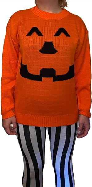 Pumpkin Face Knitted Halloween Jumper for Women in Black & Orange Round Neck Long Sleeve Top Women's Halloween Pumpkin Face Knitted Jumper Ladies Plus Size Sweater UK 8-22