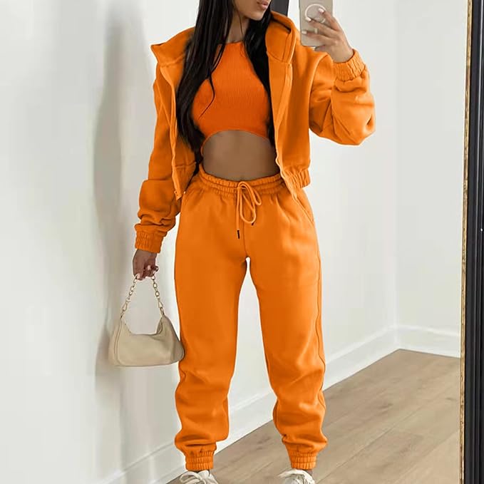 Hoodie Suit Women's Winter 3-Piece Women's Casual Tracksuit Autumn and Winter Top Vest Trousers Set Fashionable Plain Zip Hooded Trousers Casual Three Piece Set Leisure Suit