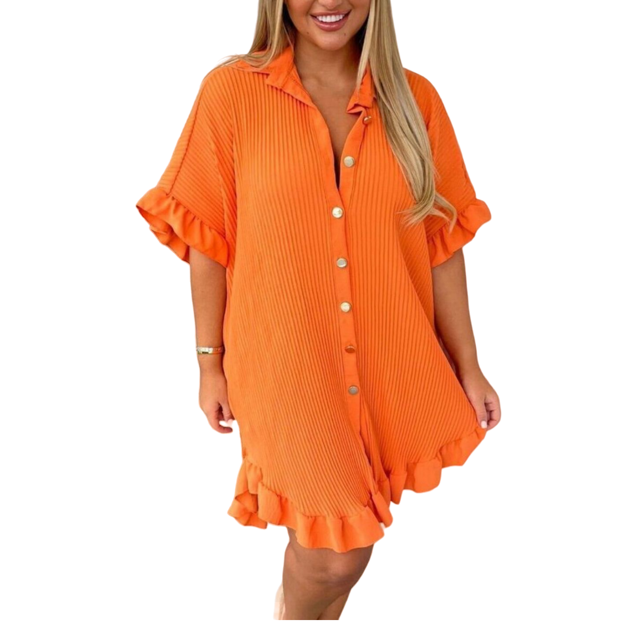 Womens Ladies Gold Button Pleated Frill Summer Shirt Swing Smock Mini Dress Top