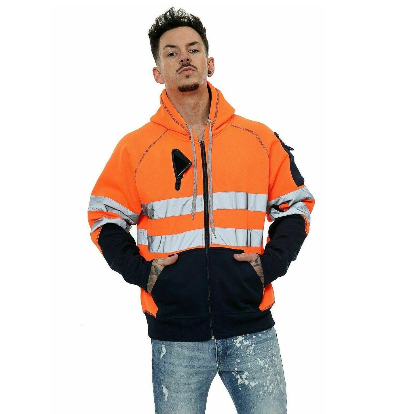 LUXE DIVA High Visibility Reflective Sweatshirt & Hoodie Combo - Safety Work Wear with Long Sleeves, Round Neck, & 3 Zipped Pockets - S to 5XL