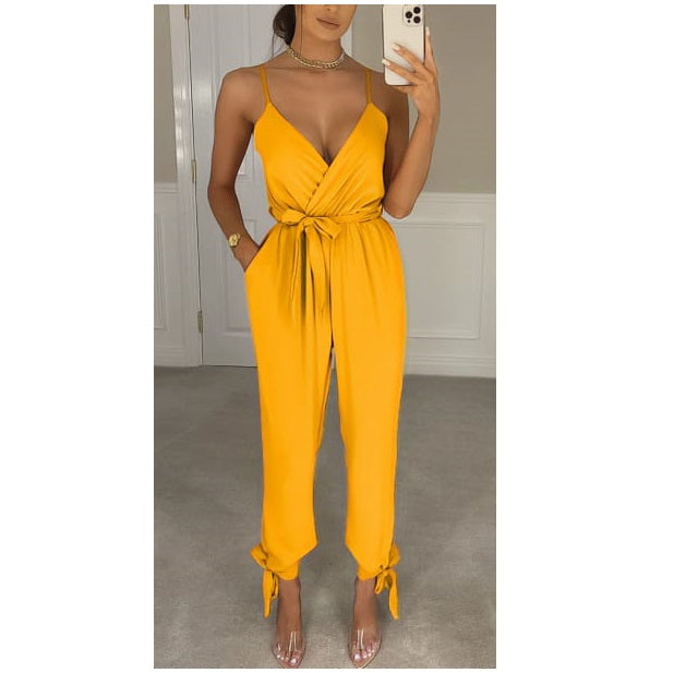 LUXE DIVA Women's V Neck Wrap Over Ankle Tie Waist Jumpsuit Ladies Harem Wide Leg Playsuit