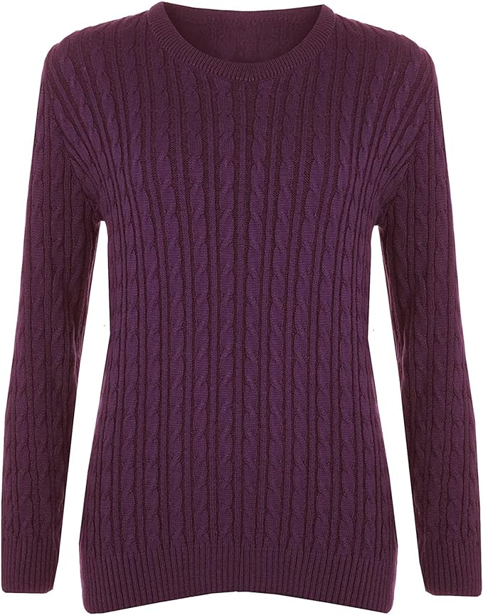 Ladies Long Sleeve Round Neck Knitted Cable Women’s Jumper Knitted Sweater Pull Over Jumper Top Knit Warm Winter Chunky Everyday Casual Pullover Plain Tops Sizes 8-26