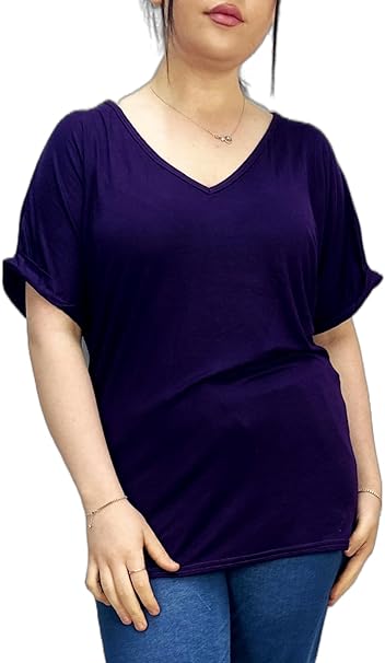 Women's New Plus Size Womens Short Turn Up Sleeve Baggy Plain Top Ladies V-Neck T-Shirt 8-14