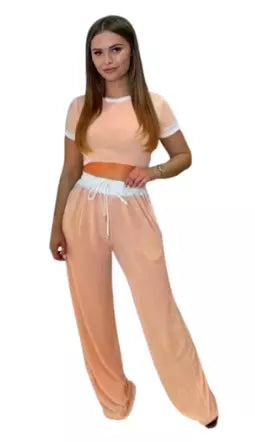 LUXEDIVA Cap Sleeve Crop Top White Stripe Contrast Pockets White Hem Draw String Trouser Set Tracksuit