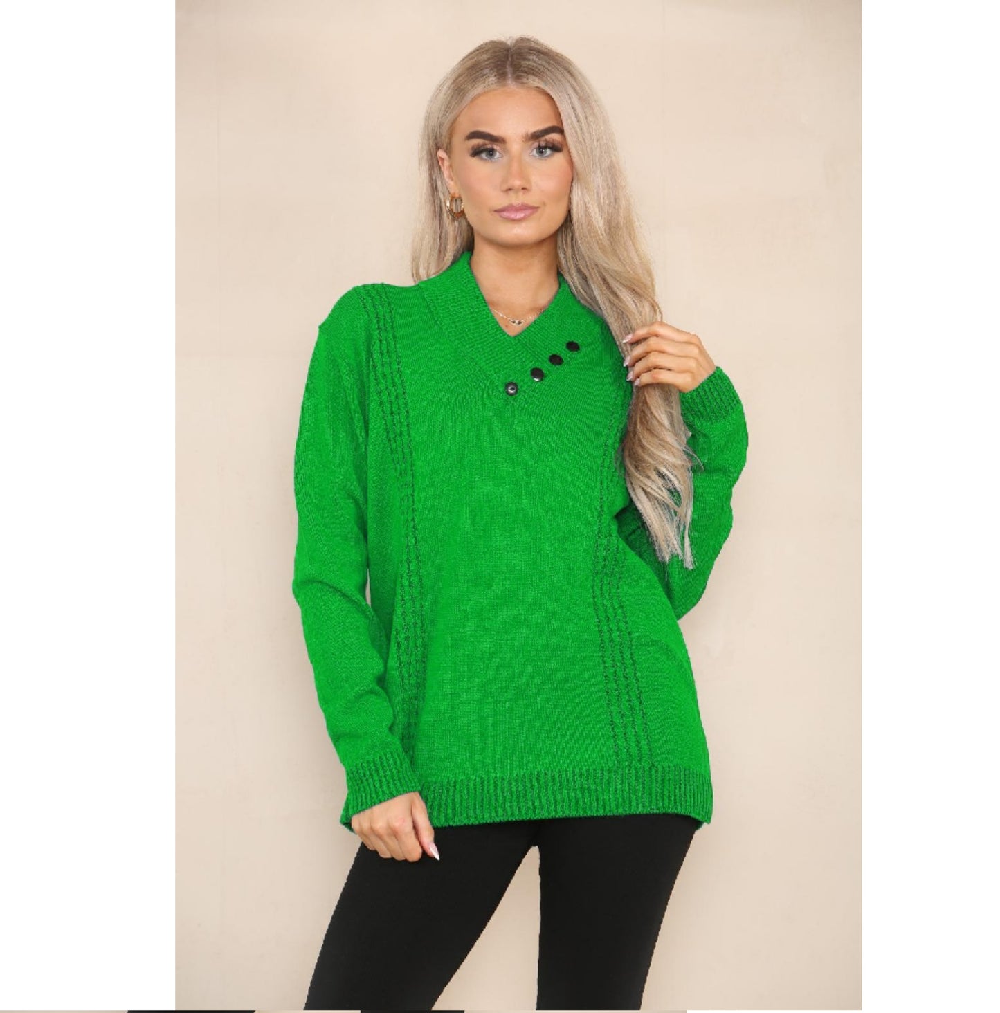 LADIES LONG SLEEVE KNITTED JUMPER VNECK SHAWN COLLAR WITH 4 BUTTONS