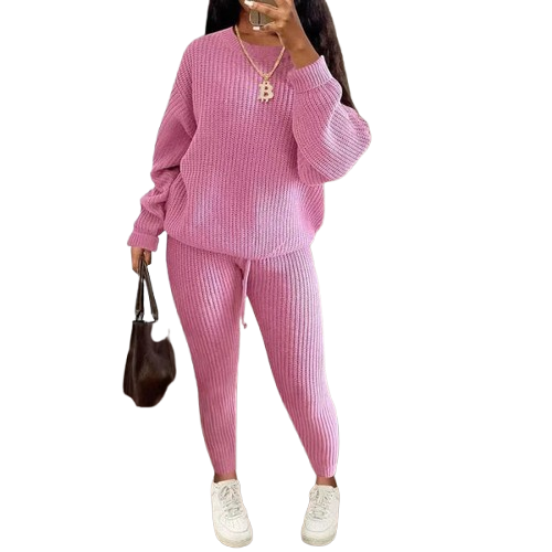 Women's Solid Drop Shoulder Sweater Set, 2024 New Drop Shoulder Rib-Knit Sweater & Pants Set