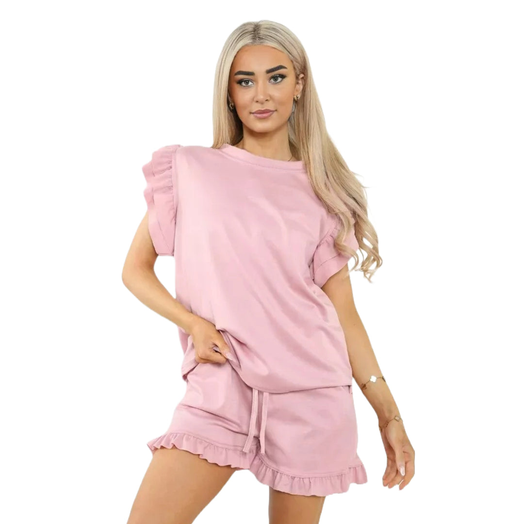 Women's Ribbed Frill Peplum Short and Top Set - Ladies Co-Ord 2 Pcs Summer Longwear Tracksuit UK Plus Size 8-22