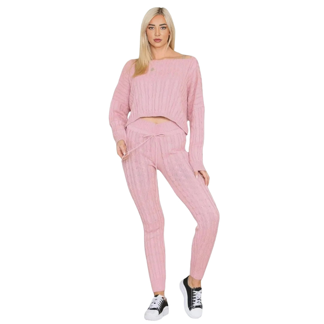 Womens Loungewear Ladies Cable Knitted Top Bottom Two Piece Co-Ords Set Tracksuit Sizes 8-14