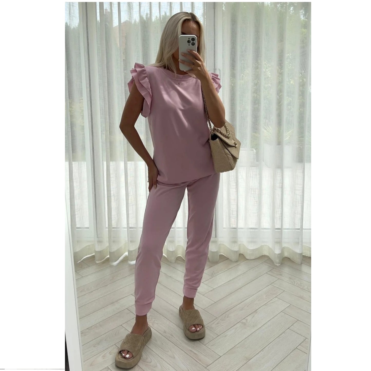 LUXE DIVA Womens Tracksuit Frill Peplum Sleeve Boxy Top Bottom Ladies Lounge Wear Set