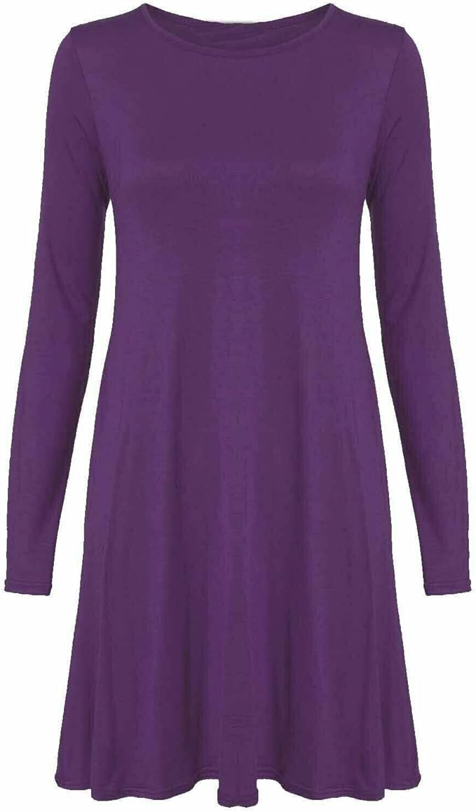 Womens Plain Long Sleeve Stretch A Line Skater Flared Swing Dress Top