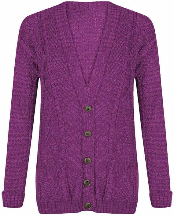 New Womens Everyday Long Sleeve Button Top Ladies Chunky Aran Cable Knit Grandad Cardigan UK Size 16-26