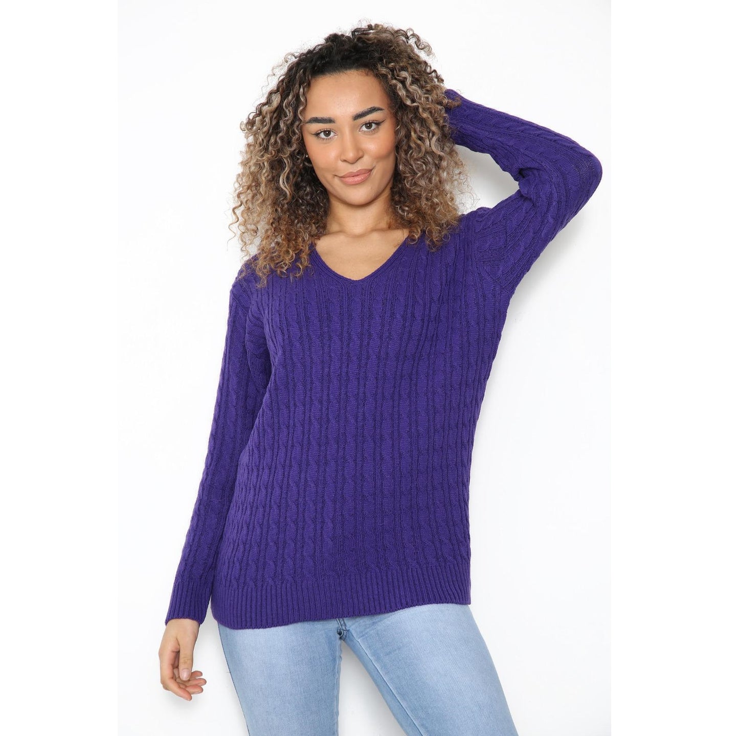 WOMEN'S LADIES CABLE KNITTED LONG SLEEVE CABLE JUMPER V NECK TOP WINTER SWEATER